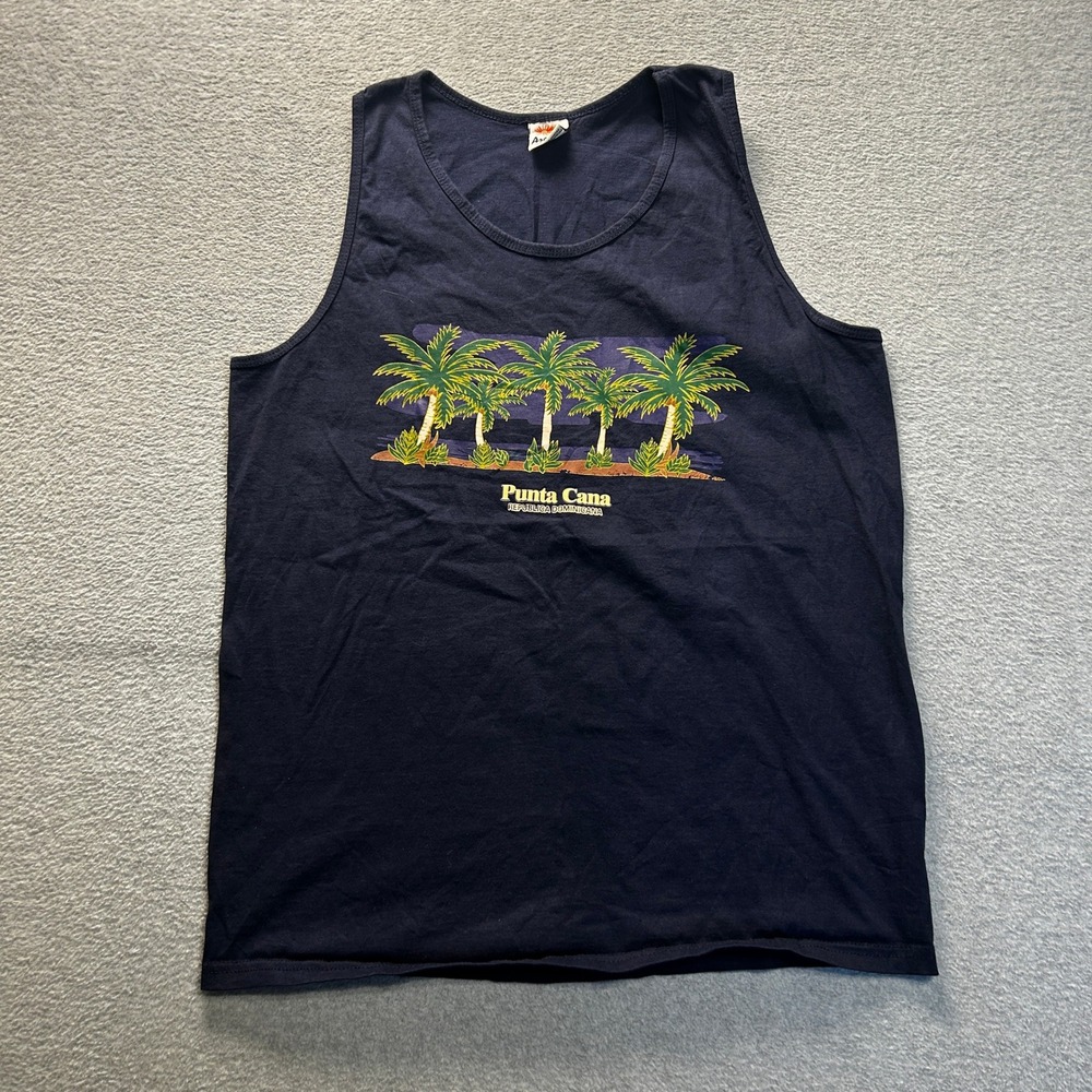 Aremar Tank Top Mens Large Punta Cana Dominican Republic Palm Tree Graphic Navy